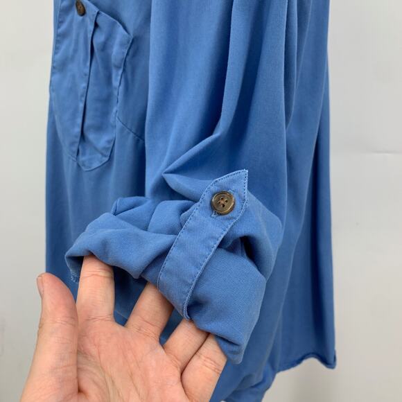 J Jill Shirt Women L Large Copen Blue Tab Sleeve Button Up Pockets Long Sleeve - Picture 6 of 14